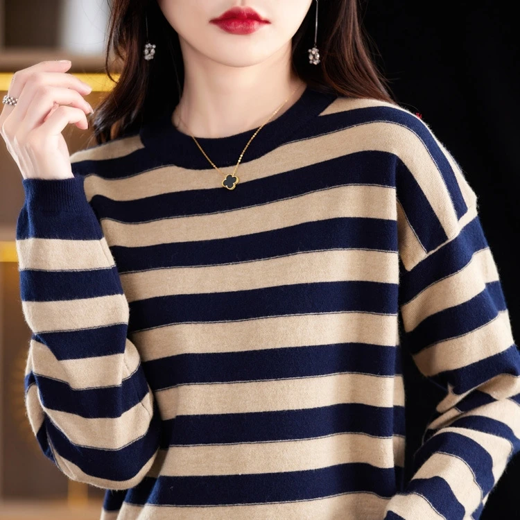 Joker basique rayé col rond pull 2025 nouveau pull femme automne hiver tricoté chemise paresseux vent Simple hauts