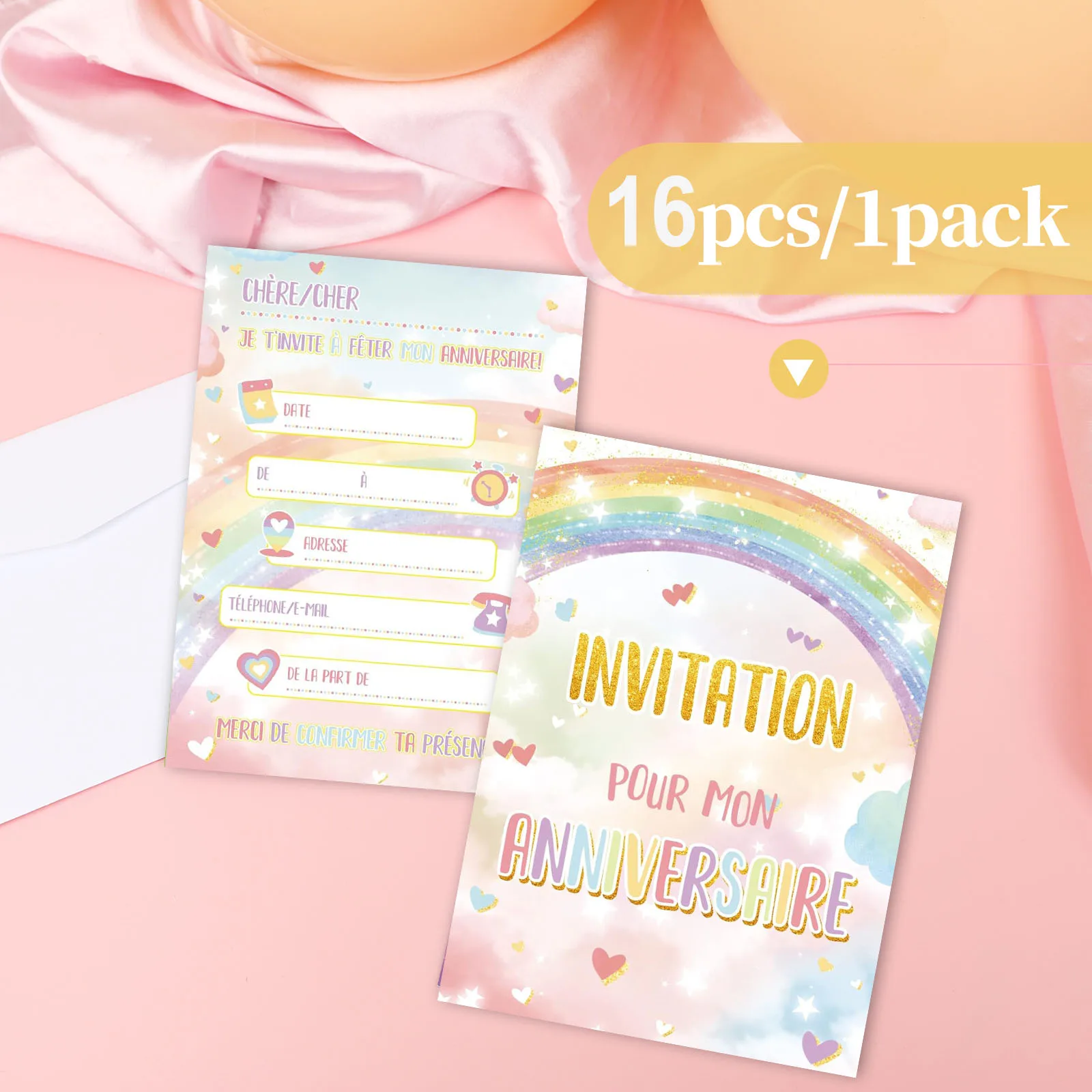 16French Dream Rainbow Geburtstagseinladungskarten mit handgemaltem Design von „Stars/Hearts/Clouds“, geeignet für Geburtstagsfeiern
