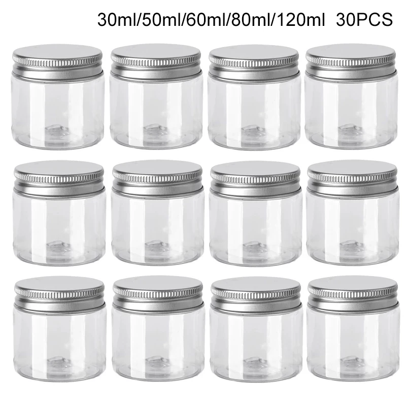 30Pcs 50ml Puste plastikowe przezroczyste słoiki kosmetyczne z pokrywką Pojemniki do makijażu do pielęgnacji skóry Krem na pigułki Słoiki na przyprawy Butelki podróżne