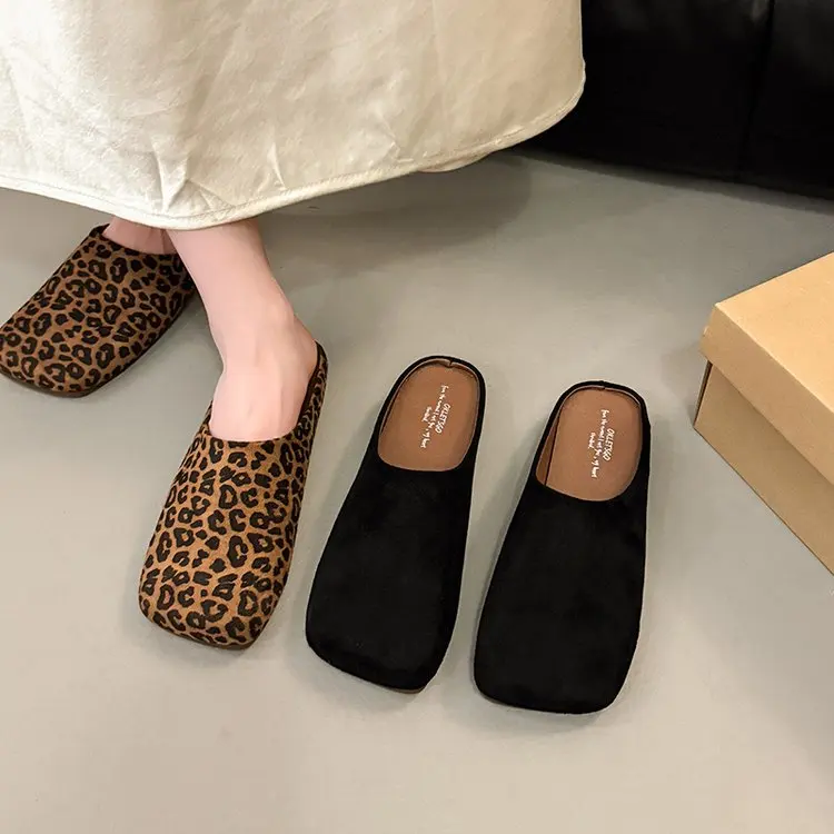 Women’s Retro Wedge Peep-toe Half Slip-on Shoes, Outdoor One-step Commuter Square-toe Mule Shoes, Backless Single Shoes