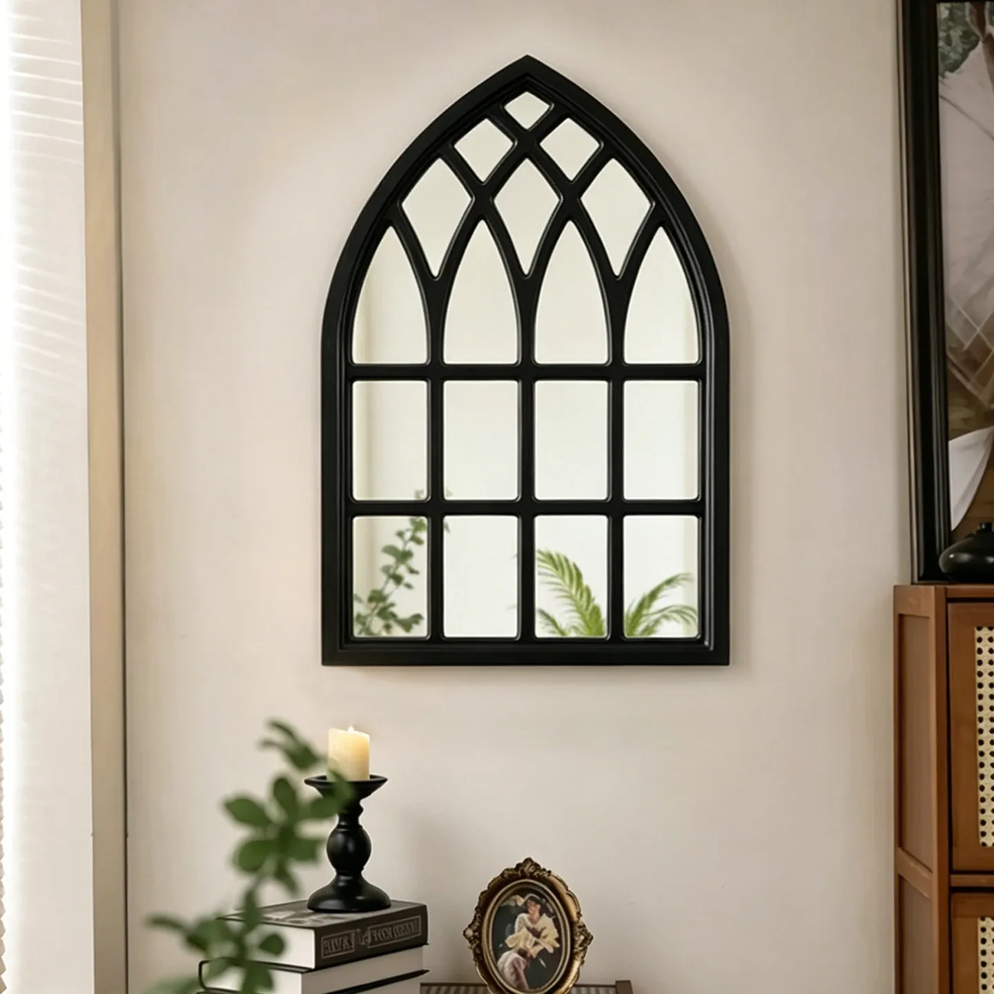 Arched false window mirror living room fireplace porch black imitation window wall hanging mirror decorative mirror