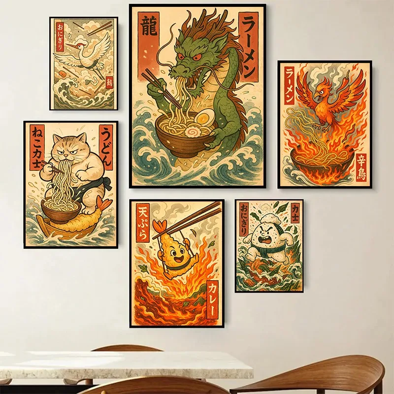 Póster Retro de Comida Japonesa, Tempura, Ramen, Sushi, Grulla, Ilustración Impresa en Lienzo, Cuadro Decorativo para Pared, Decoración del Hogar