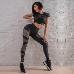 Gymdolphins-Legging moulant en maille pour femme, vêtements de sport, haut à manches courtes, transparent, sexy, yoga, fitness, épissé