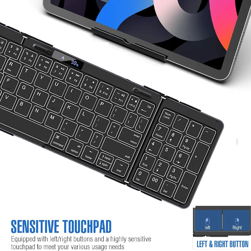 Tastiera pieghevole ricaricabile con touchpad Mouse Retroilluminazione RGB e display a batteria per tablet Ipad Telefono 3 dispositivi Syn