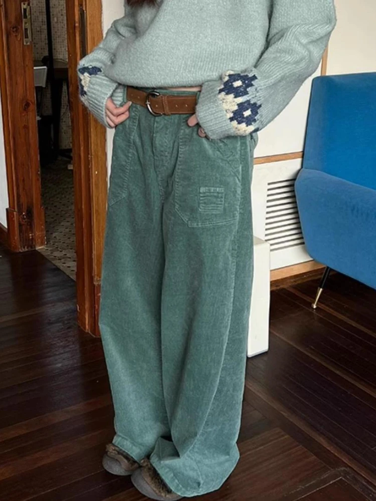

HOUZHOU Vintage Basic Women's Corduroy Pants Wide Leg American 2000s Style Straight Trousers Baggy Casual Solid Color Autumn
