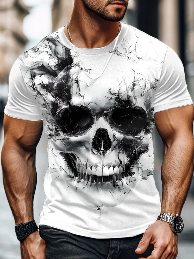 Retro-style 3D Skull Head Print Men's Fashionable T-shirt Summer Daily Casual Men's Top Outdoor Street Men's Short-sleeved Shirt