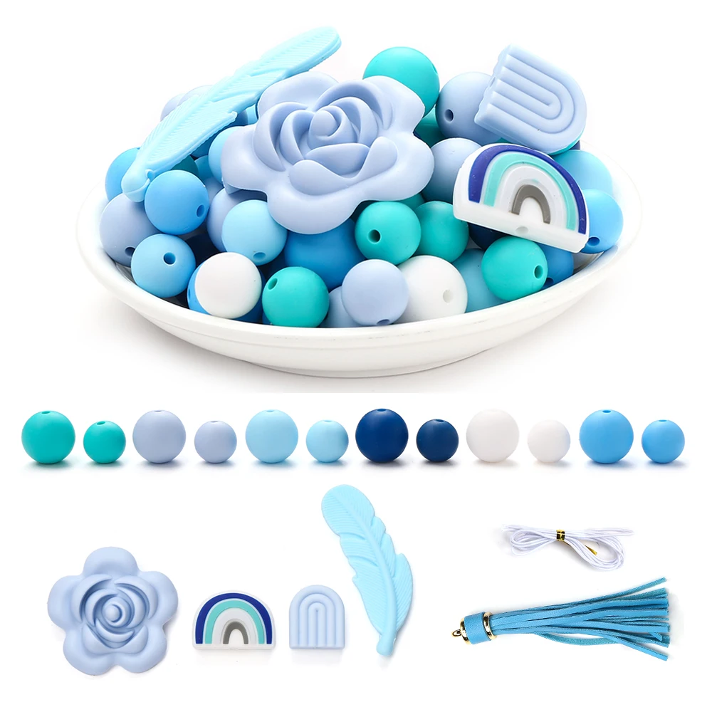 104Pcs Round Silicone Beads Baby Rainbow Rose Feathers Teether Set for Diy Pacifier Clips Chain Jewelry Making Necklace Teether