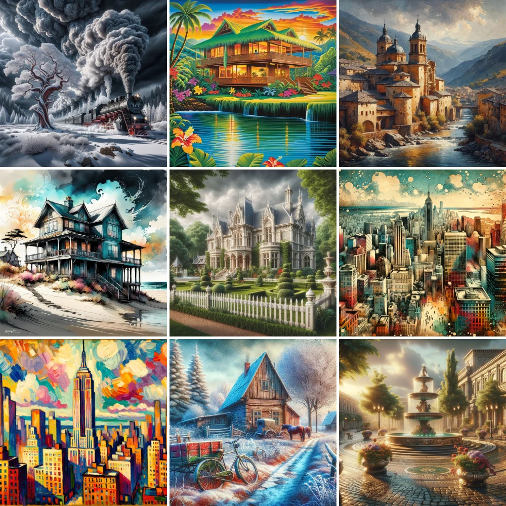 Landscape Fantasy House Printed Canvas Cross-Stitch Embroidery Complete Kit Knitting Hobby Sewing Painting Sales Counted Package