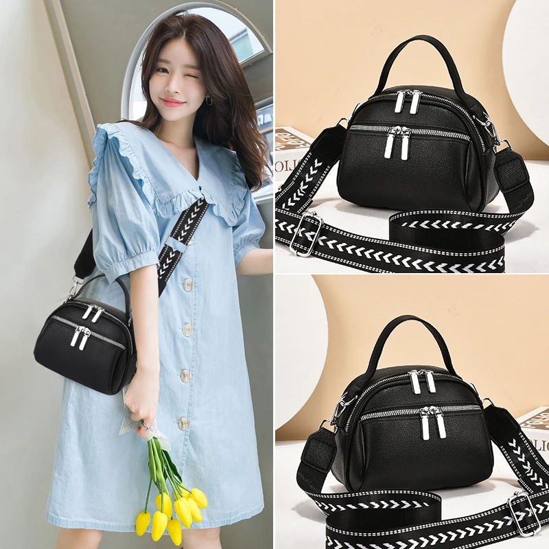 Wide Strip Women Cross Body Bag Solid Color Small Zipper Mobile Phone Bag Simple Design PU Leather Shoulder Bag Purses Handbag