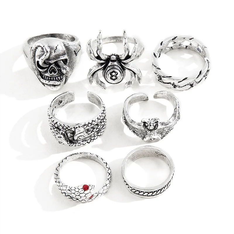 Men's Metal Finger Ring Set Of 7 Vintage Aged Spider Snake Bat Skull Double Headed Snake Ring