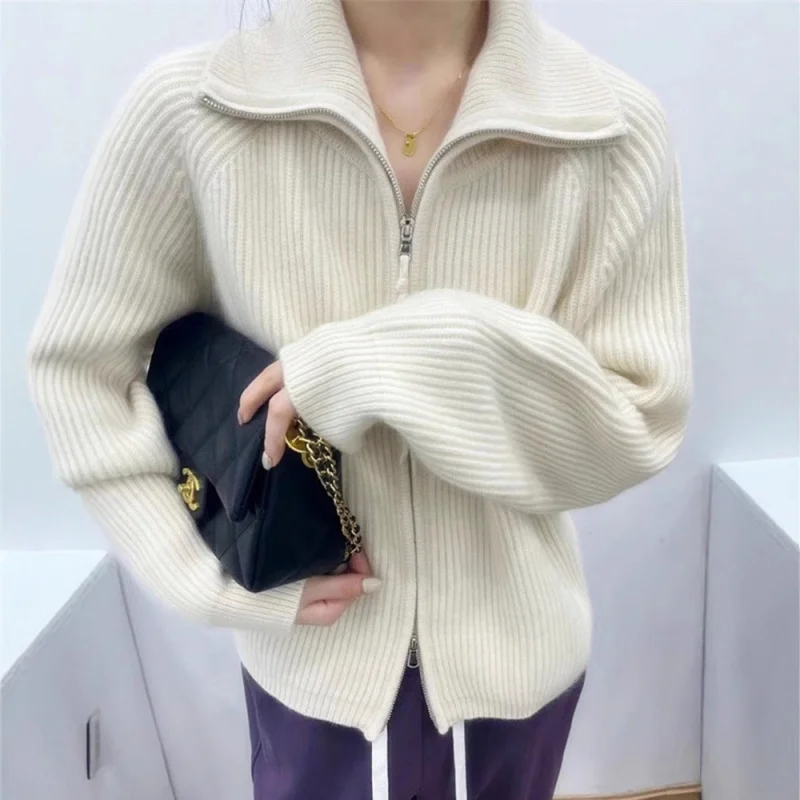 

Autumn Winter Thickened High Collar Wool Sweater Double Zipper Cardigan Solid Color Striped Coat Sweater Women Cashmere Elegant