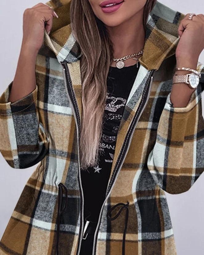 2023 Autumn Winter Spring New Fashion Casual Plaid Pattern Zipper Design Drawstring Hooded Coat Elegant Female Clothing Outfits