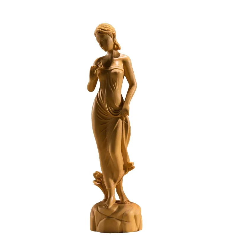 Natural Boxwood 19cm Beauty Sculpture Wood Out of The Bath Girl Statue Home Decor