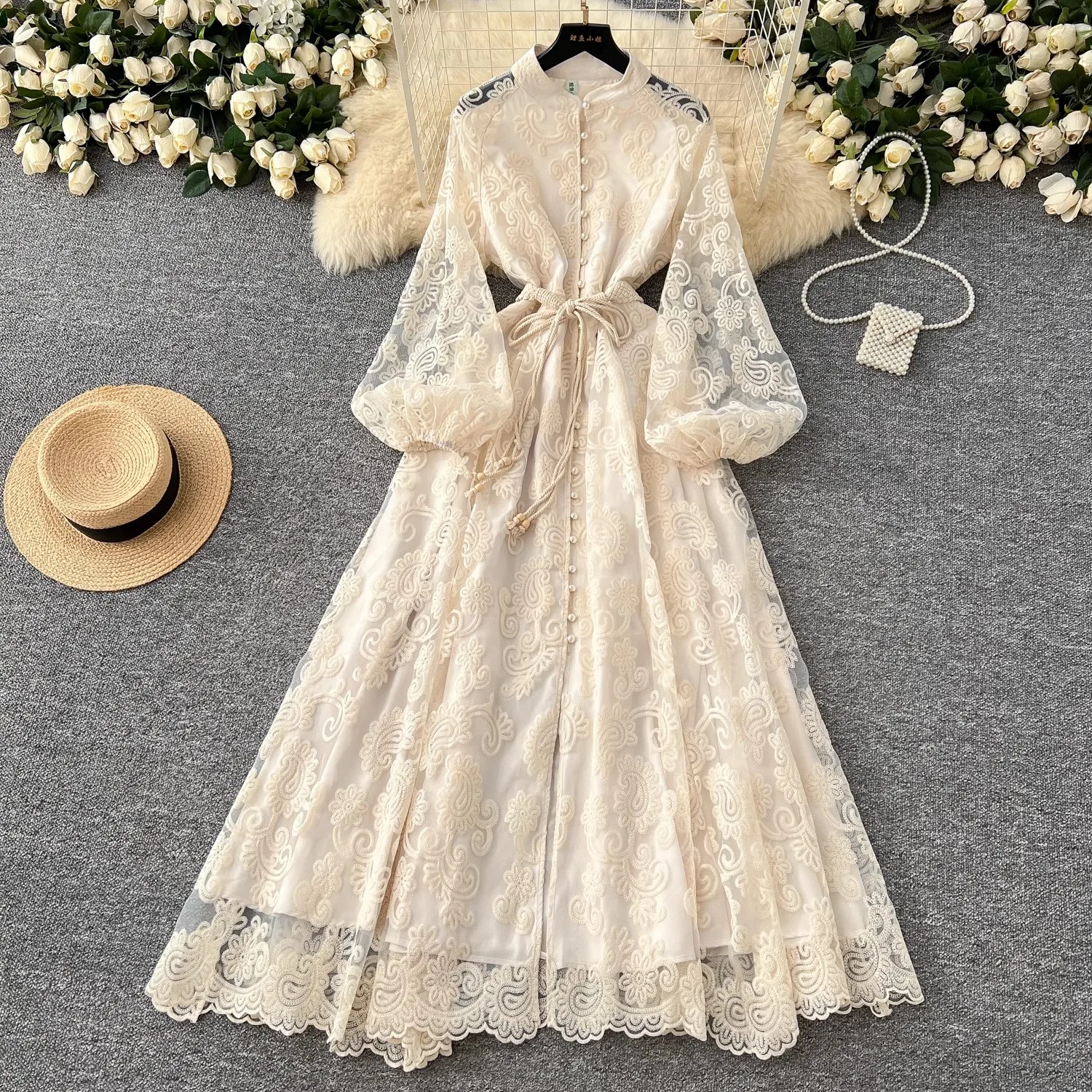 

Summer Runway Flower Lace Embroidered Dress French Women Stand Lanetern Sleeve Elegant Sashes Vintage Party Long Robe Vestidos