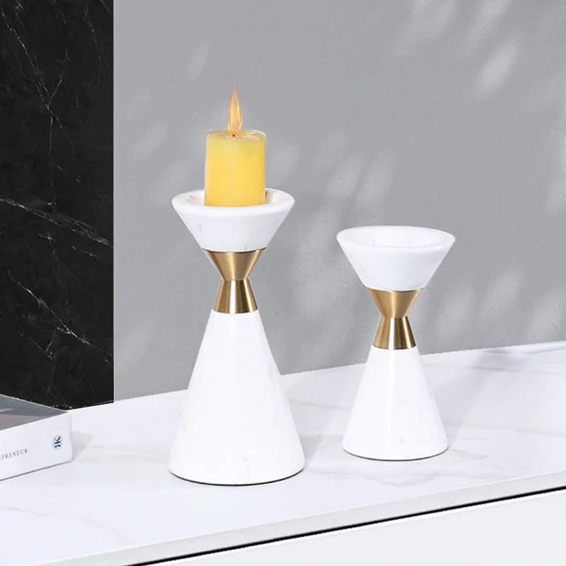 Natural marble candle holder decoration sample room living room decoration double conical central metal splicing candle holder