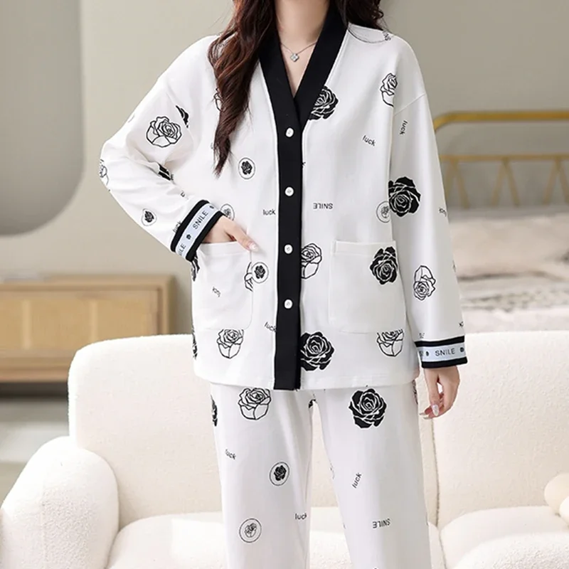 Fashion Chic Women Pajamas Set Autum Winter New Faux Cotton Long Sleeves Sleepwear for Lady Elegant Homesuits Kimono Lapel Pjs