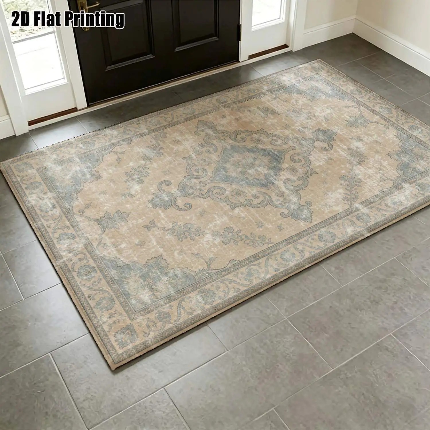 1Pc 2D Printed Retro Blue Brown Pattern Carpet, European Vintage Geometric Home Decor, Multi-Size Machine Washable, Suitable for Entrance/Dining/Foyer/Bedroom/Living Room