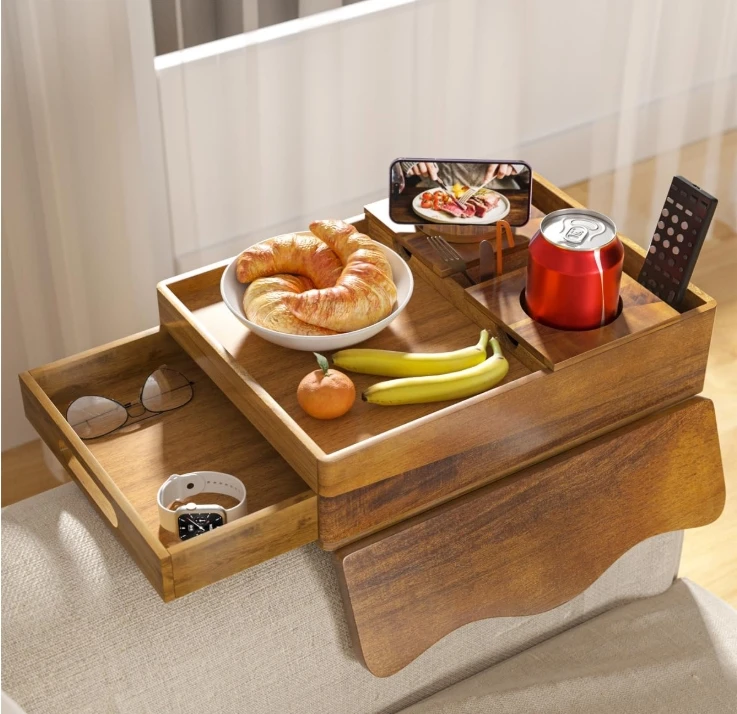 

Wooden Couch Caddy Cup Holder Armrest Tray with Storage Drawer Multifunctional Sofa Organizer for Living Room Home Theater Hotel