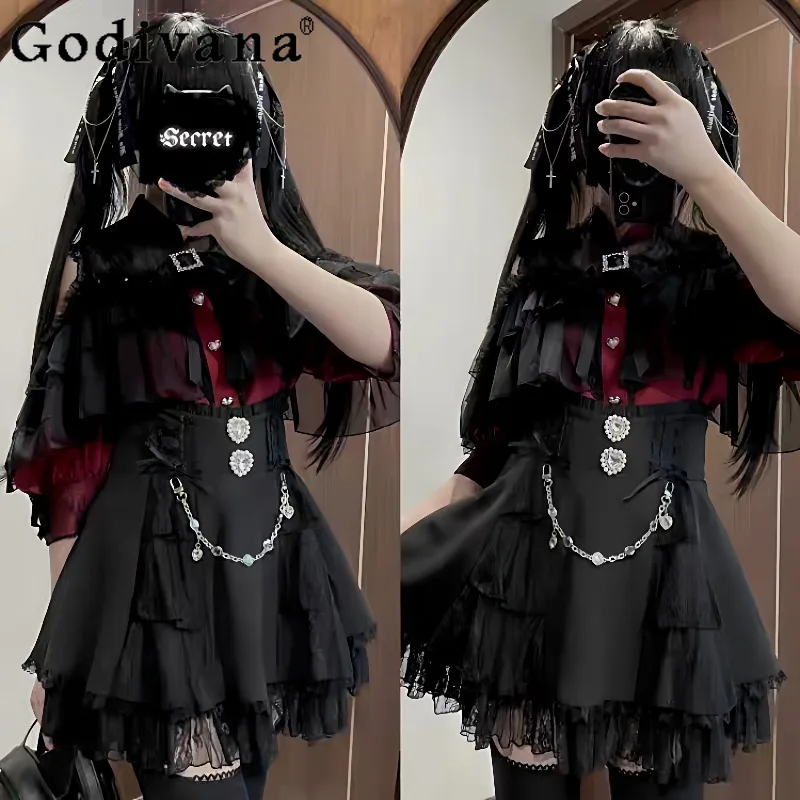 

Новая японская юбка в стиле Dark Gothic Lolita 2026 года, массовое производство, с завышенной талией, украшенная стразами, двухмерная юбка
