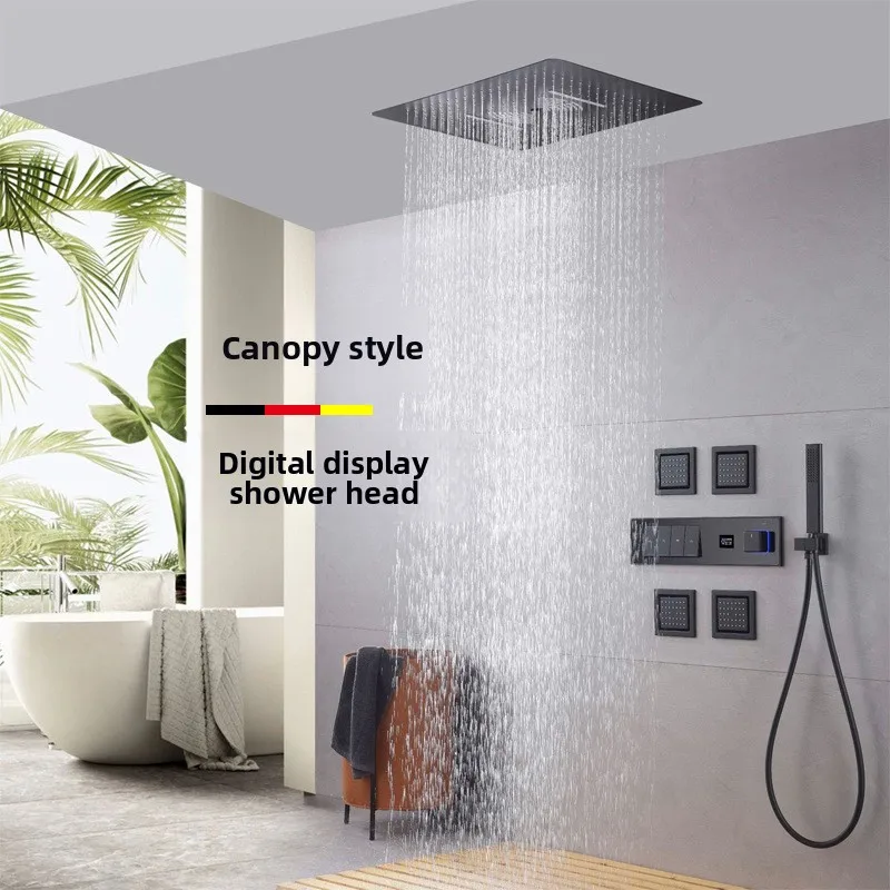Concealed shower canopy top spray hot and cold digital display all-copper shower set Wall-mounted shower embedded