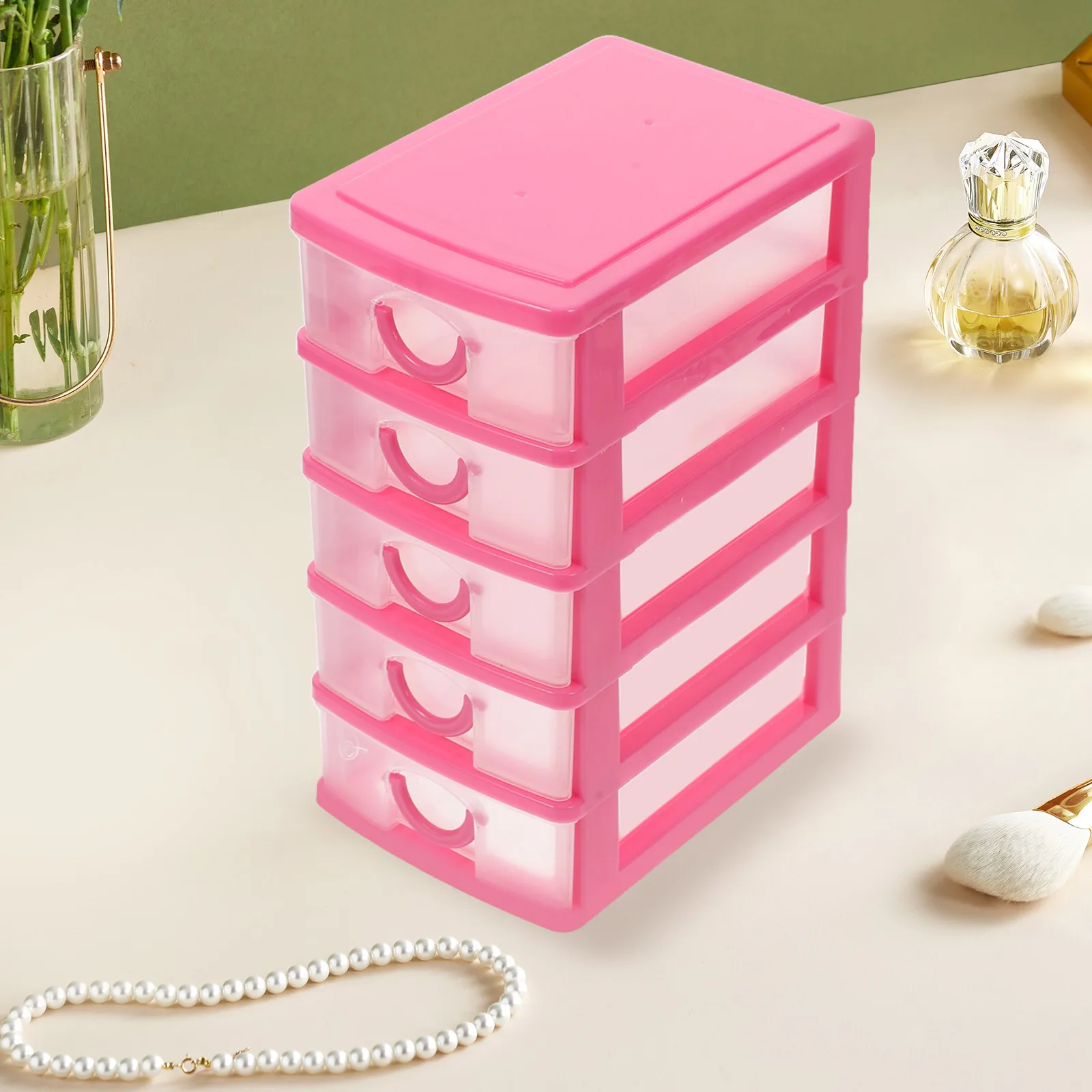 5 Layers Desktop Storage Organizer Clear Drawer Design Versatile Transparent Box For Makeup Jewelry Stationery Pink Plastic