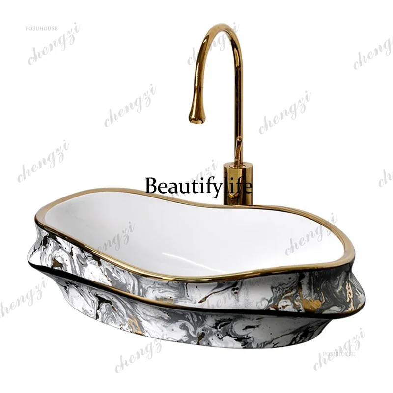 Wave Shaped Irregular Bathroom Sinks Countertop Sink Light Luxury Ceramic Single Basin Home Balcony Washbasin Bathroom