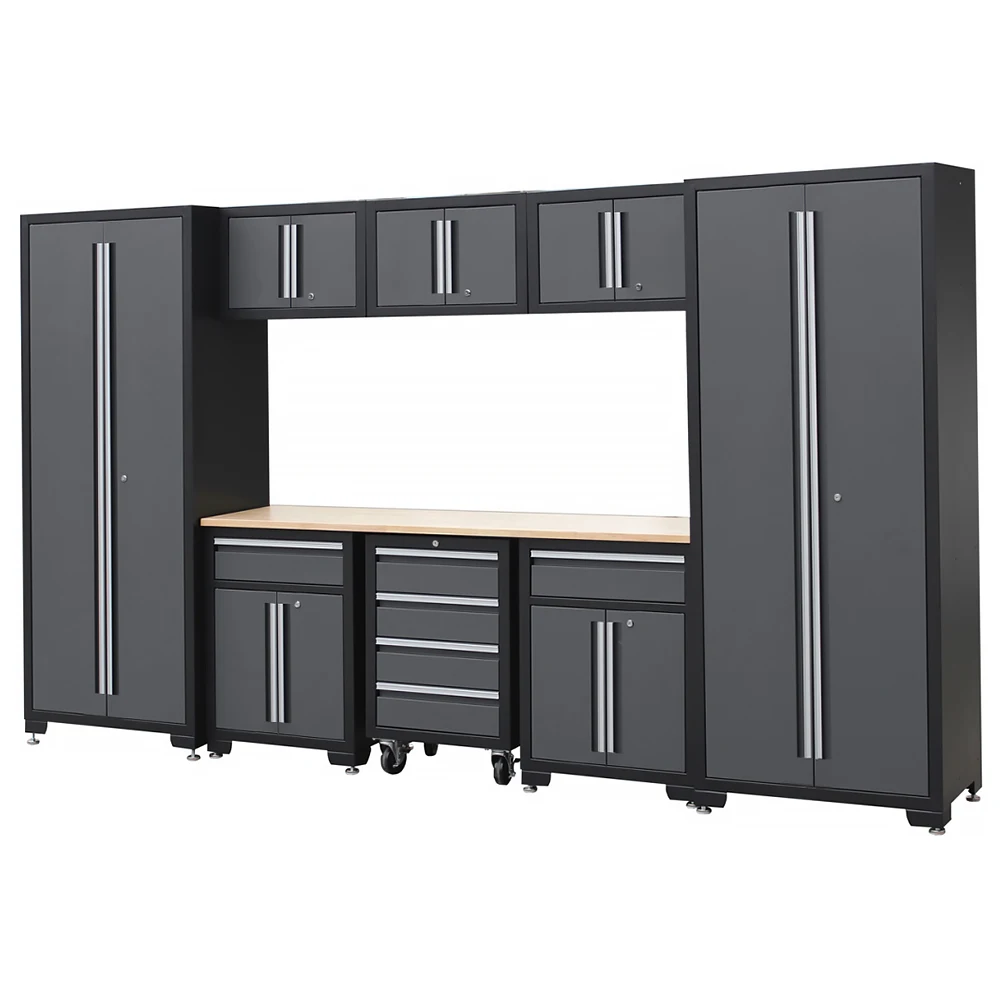 

9-Piece Workshop Storage HPDMC Cabinet Set in Grey with Workbench - for Organizing Tools - Included Steel Cabinets Drawers