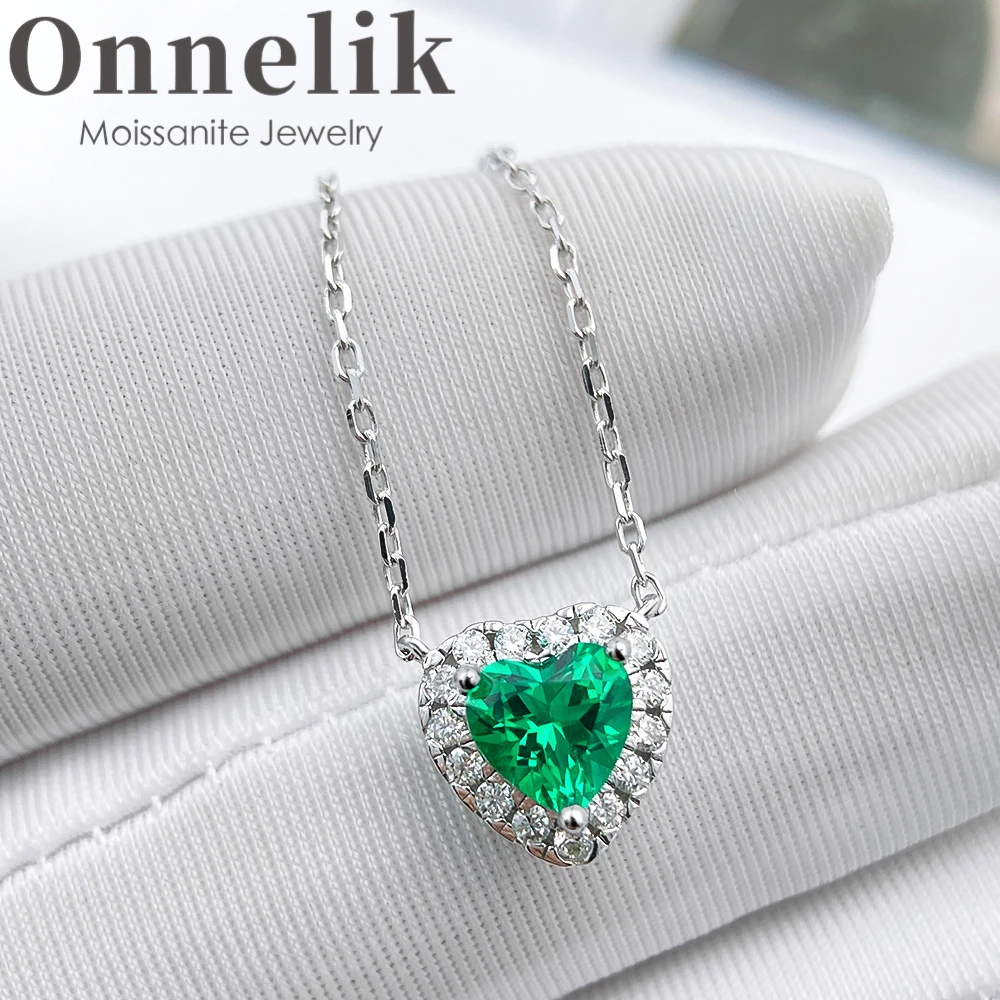 

Onnelik 1CT сердце настоящий выращенный в лаборатории колумбийский изумруд с муассанитом 1 мм ожерелье для женщин стерлингового серебра 925 пробы свадебные украшения