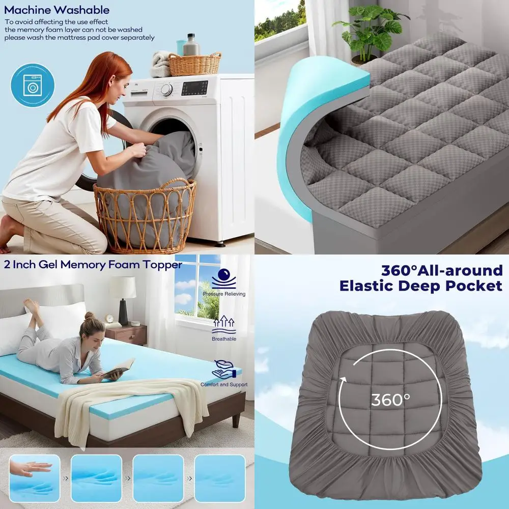 4 Inch Twin XL Gel Memory Foam Topper with Cooling Pillow Top for College Dorms, Light Grey