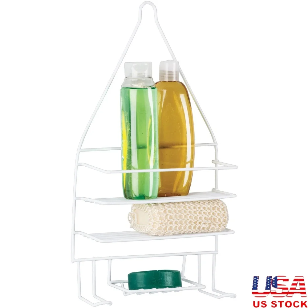 

Подвесная душевая кабина с двумя крючками, трехъярусные полки, держатель для мыльной губки, устойчивый к ржавчине прочный органайзер для ванной комнаты