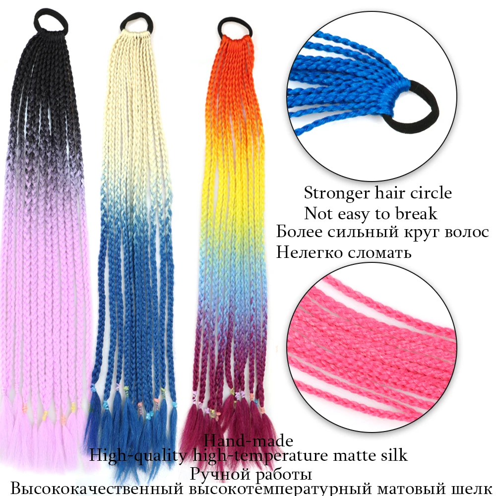 ZENYINFA Synthetic Colored Braided Ponytail Hair Extension Rainbow Color Braids Pony Tail With Elastic Band Girl\'s Pigtail