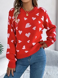 Autumn and Winter Casual Contrasting Color Heart Shape Print Long Sleeved Pullover Sweater Valentine's Day Gift Women Tops