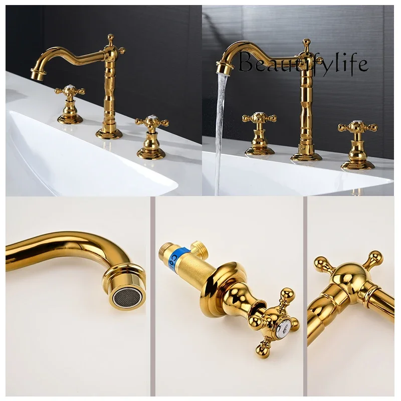 

BJ Retro All-copper Wash Basin Faucet Three-hole Hot And Cold Mixed Faucet European Basin Three-piece Gold Set