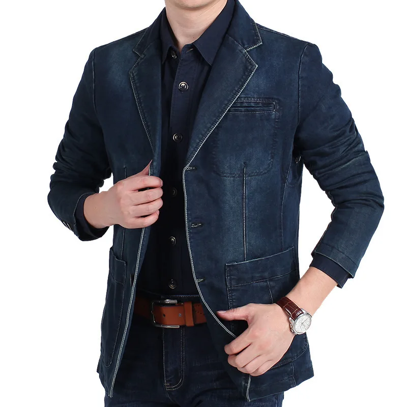 Męskie Denim Blazer mężczyźni moda bawełna garnitur Vintage odzież wierzchnia męskie niebieski płaszcz kurtka dżinsowa mężczyźni dopasowane jeansy