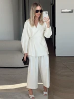 Solid Color Lace up Coat Long Pants Lady Set V-Neck Long Sleeve Jacket High Waist Straight Trousers Casual Chic Women's New Sets - Image 2
