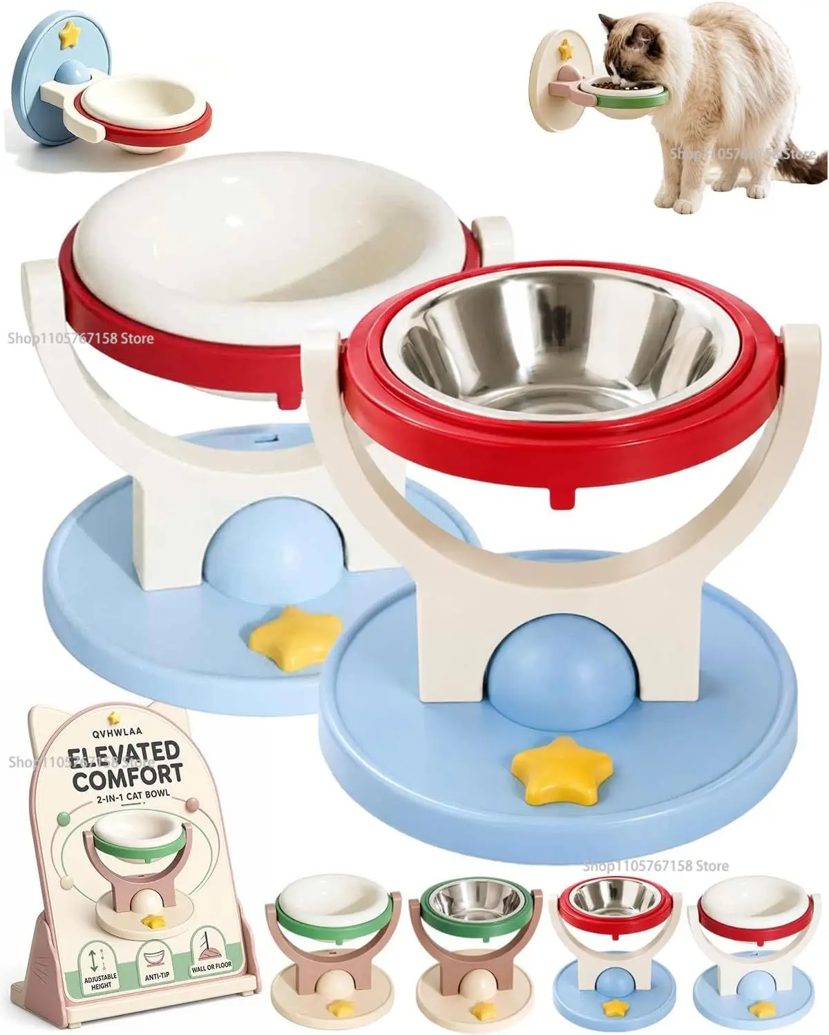 Wall Mounted Cat Bowl, 2-in-1 Elevated Feeder with Removable Bowl Wall or Floor Use Anti-Tip Support Bowl and Fold-Flat Storage
