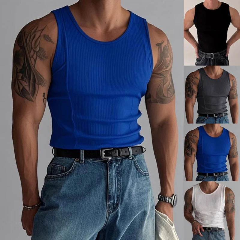 

2025 Men's Summer Slim Fit Sleeveless Knit Vest, Sporty Casual Tank Top for Gym Workout Activewear