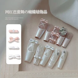 10pcs Pink White Ballet Bowknot Nail Accessories 3D Silk Ribbon White Pearl Alloy Nail Art Decorations Nail Charms DIY Nail Art