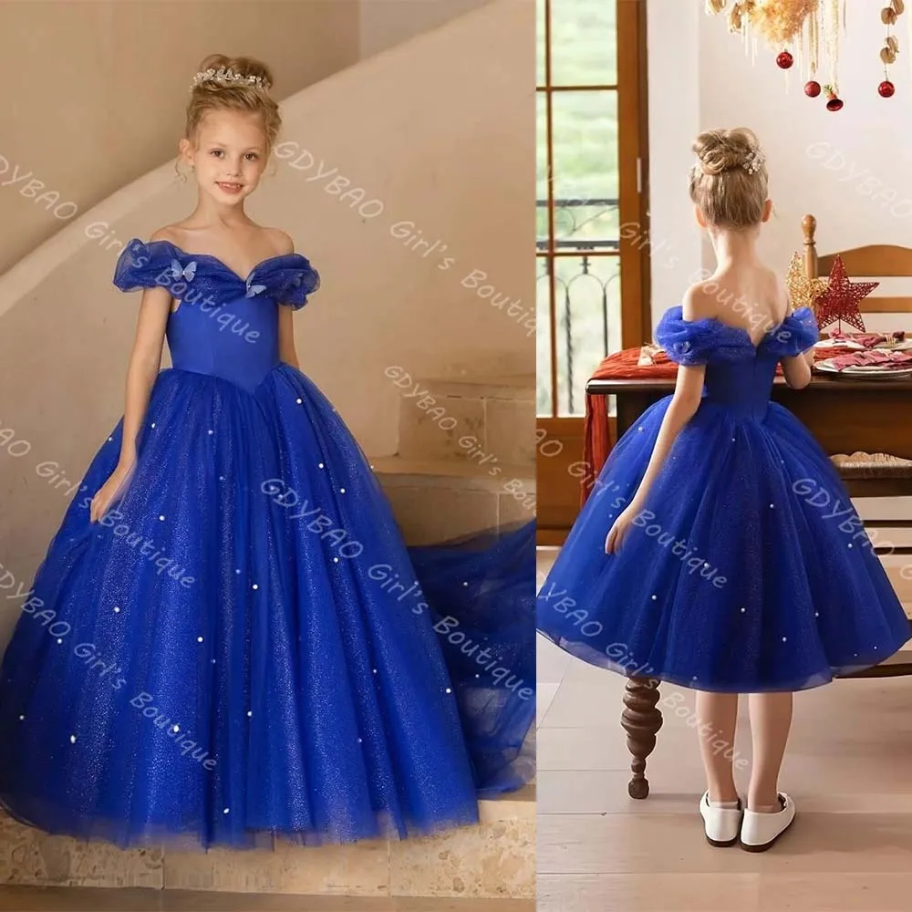 Customized Off Shoulder Flower Girl Dress for Wedding Pearled Tulle Princess Pageant Dress Kids Sparkly Birthday Party Ball Gown