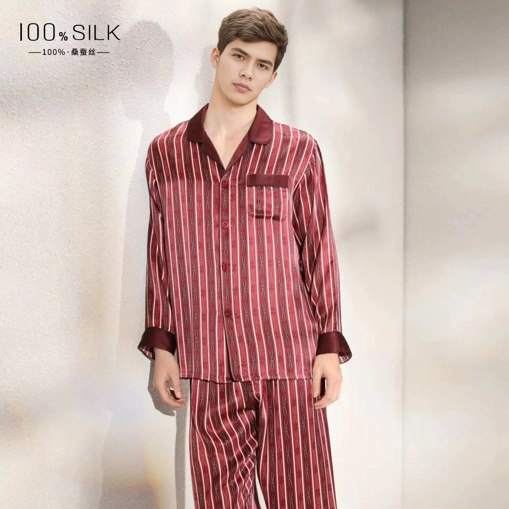 

025 Summer 19 Momme Heavyweight Silk Pajamas for Men - 100% Mulberry Silk, Striped, Cool-feel, Lightweight Loungewear Set