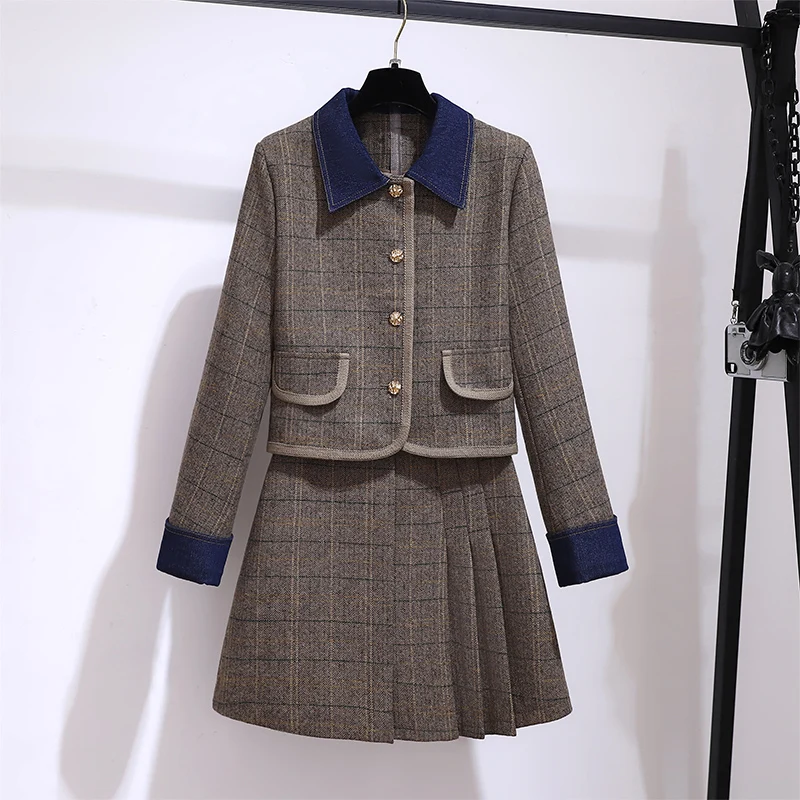 

Women Winter Autumn 2 Piece Set British Style Plaid Wool Blazer Pleated Skirt Suit Retro Denim Patchwork Wool Suits Overskirt