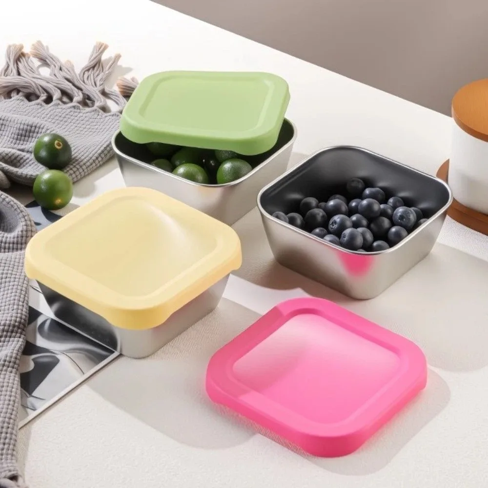 Silicone Lid Stainless Steel Fresh-keeping Box Stackable Food Grade Meal Prep Container Square Leakproof Lunch Box Rice Storage