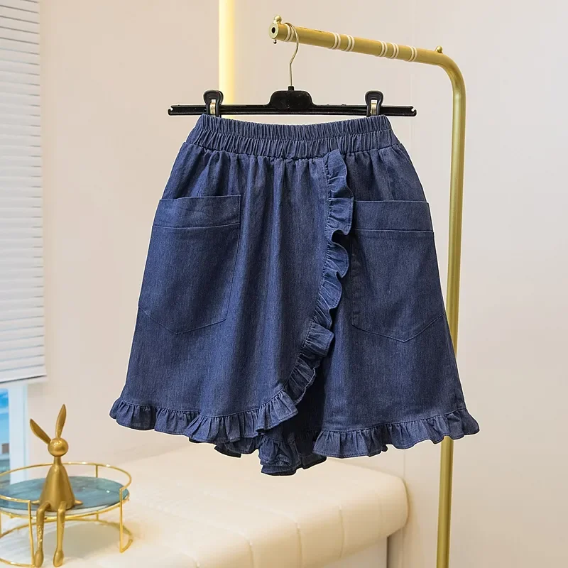 

Summer new women's Korean casual fashion denim shorts high waisted elastic slimming A-line Chic temporament wide leg pants