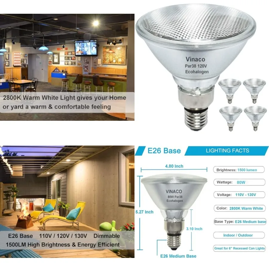 

PAR38 Flood Light 4 Pack PAR38 Halogen Flood Light Dimmable 80W 120V High Brightness 1500LM Equivalent 100W Halogen Light Bulbs