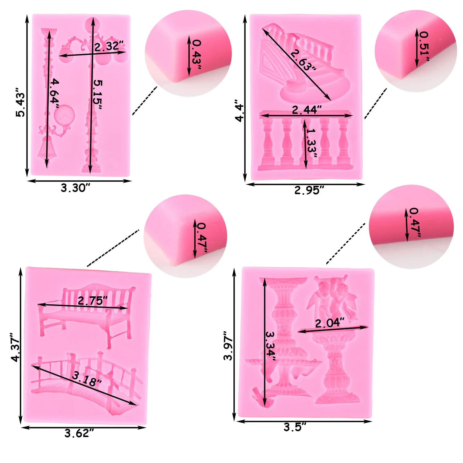4pcs Fountain Street Lamp Silicone Mold Bench Bridge Fondant Molds Staircase Railing Cake Decoration Candy Clay Chocolate Mould
