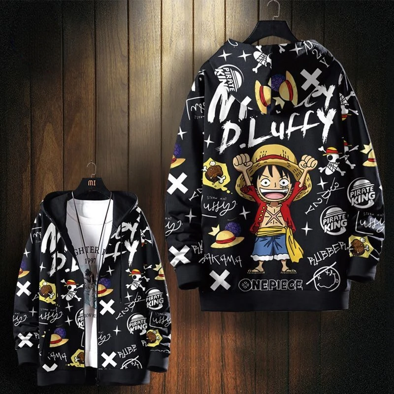 One Piece Creative Cool Luffy Anime Peripheral Cardigan Sweater Jacket Plus Velvet Warm Large Size Personalized Hooded Top Gift