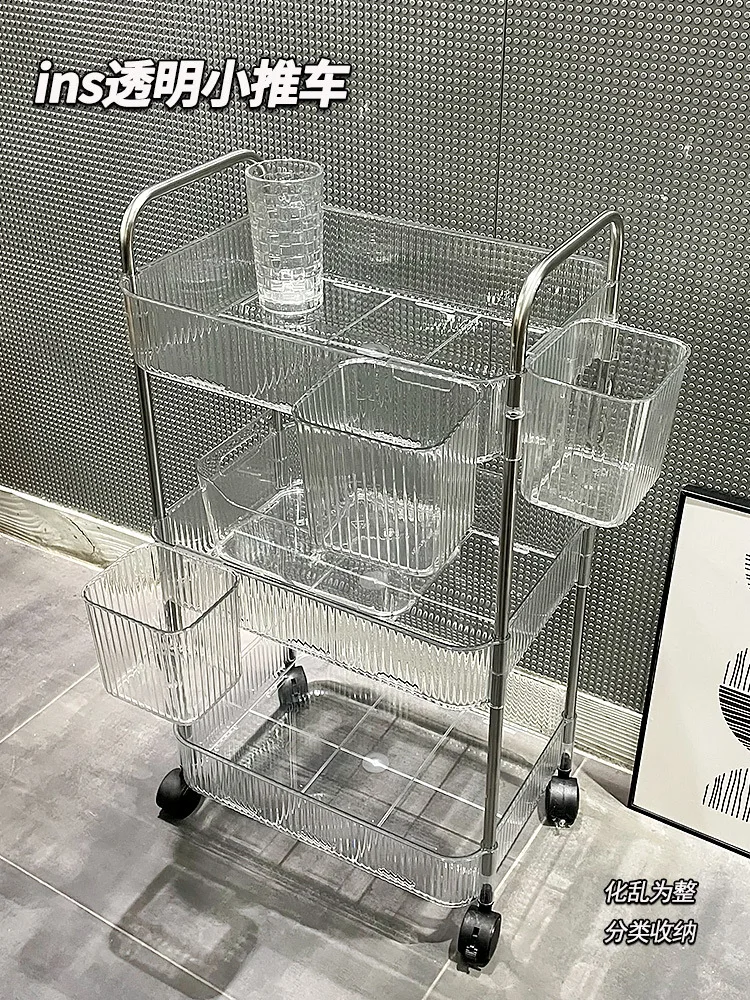 

Transparent Acrylic Trolley Cosmetics Bedside Bedroom Living Room Snack Storage Shelf Bathroom Mobile Storage Rack