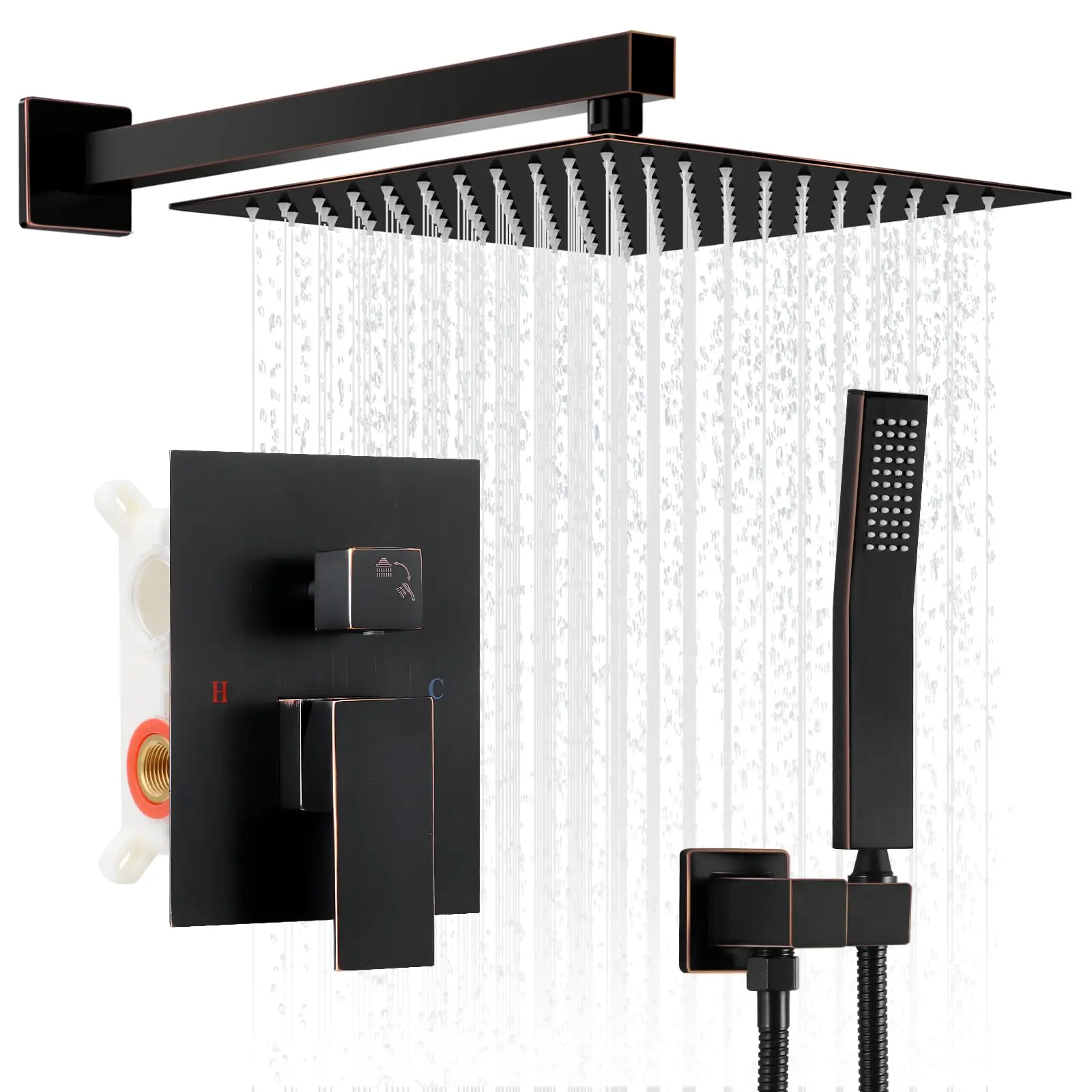 

Black 10 Inch Rain Shower System With Pressure Balance Valve Wall Mounted Dual Function Bathroom Shower Set