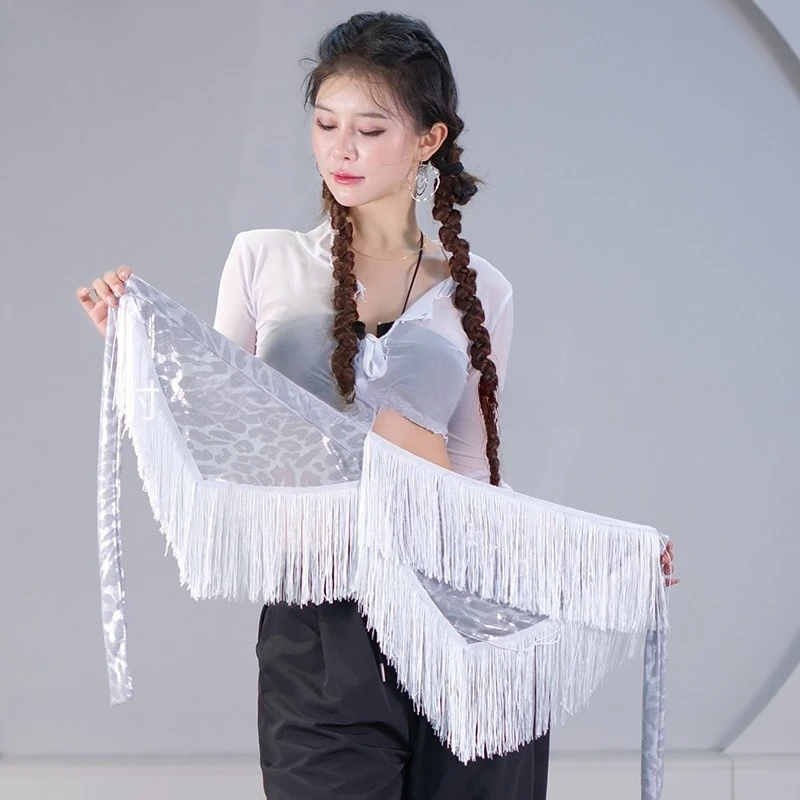 벨리댄스 힙 타월 레오파드 프린트 프린지 웨이스트 체인 연습 무대 공연 벨트