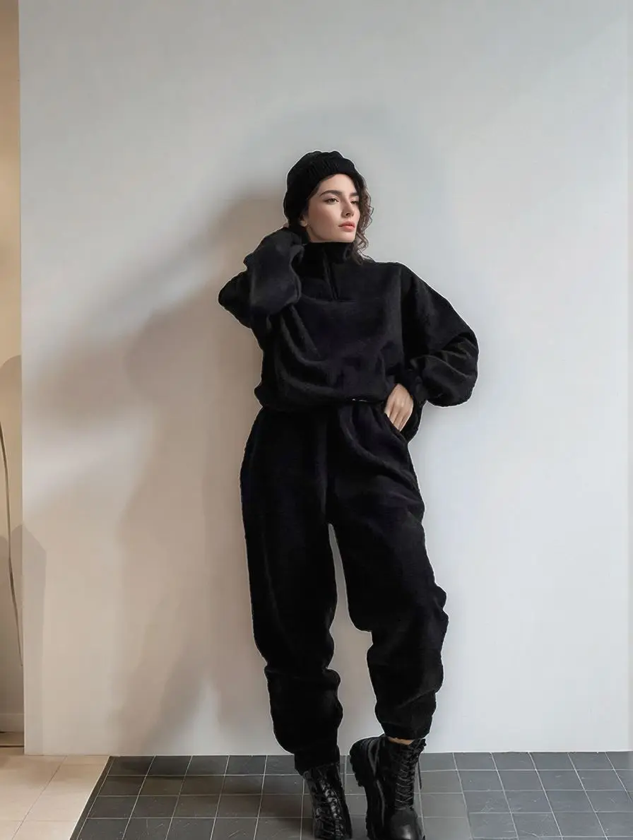 2025 Herbst und Winter, einfarbig, lockerer Reißverschluss, Stehkragen, Sweatshirt, lässig, zweiteiliges Set